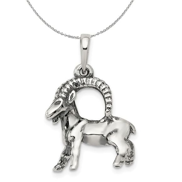 Sterling Silver Capricorn the Goat Zodiac 3D Antiqued Necklace - 18 In